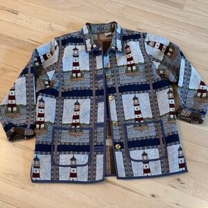 Vintage Blue Nautical Chore Pocket Lighthouse Tapestry Button Beach Jacket-XL